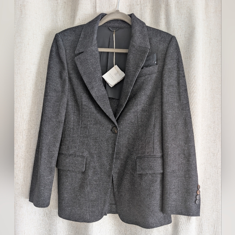 Brunello Cucinelli Women's Wool Blend Blazer Monili Chain NWT Size 6 Charcoal